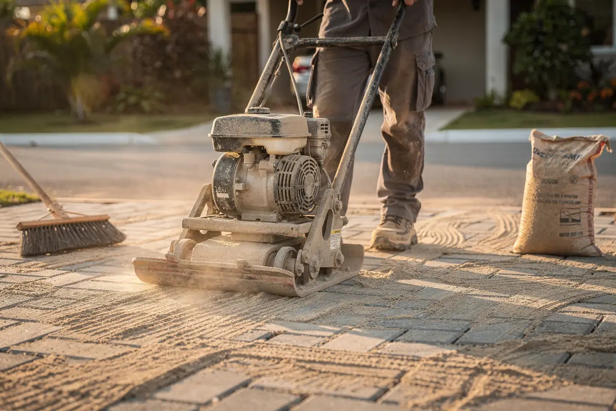 Placa vibratória compactando paver com areia de rejunte