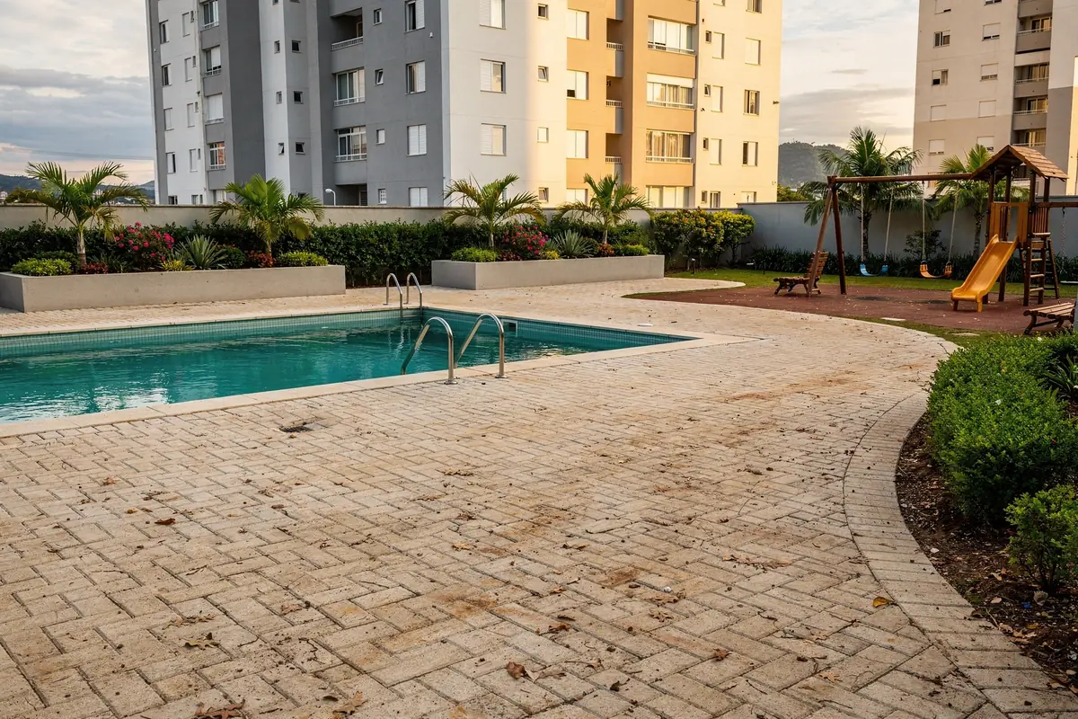 Área de lazer de condomínio com piso intertravado