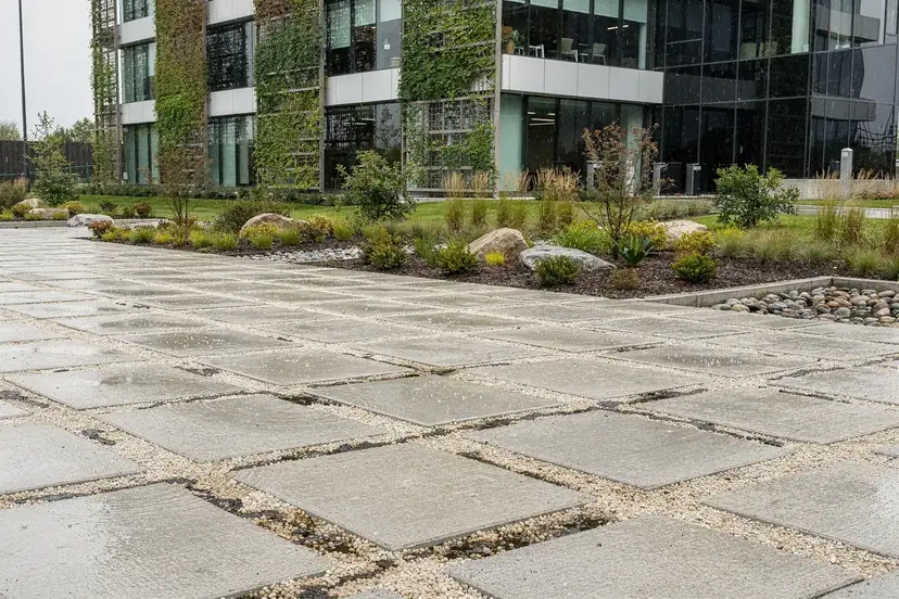 Estacionamento com paver drenante absorvendo a água da chuva