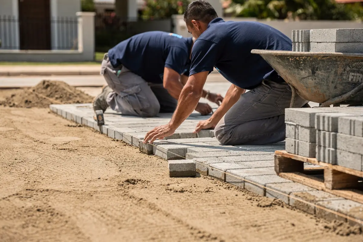 Equipe uniformizada da Paverforma assentando paver