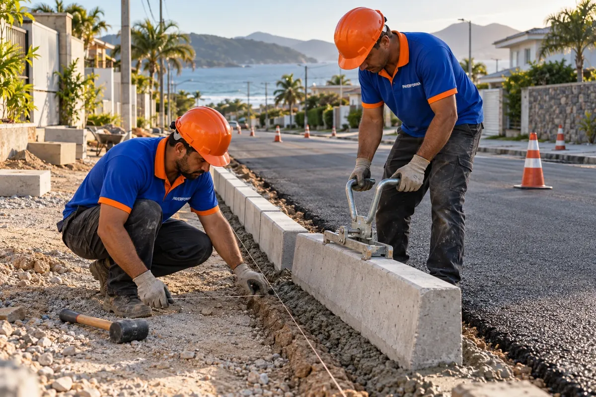 Equipe da Paverforma assentando meio-fio de concreto ao lado de rua recém-asfaltada