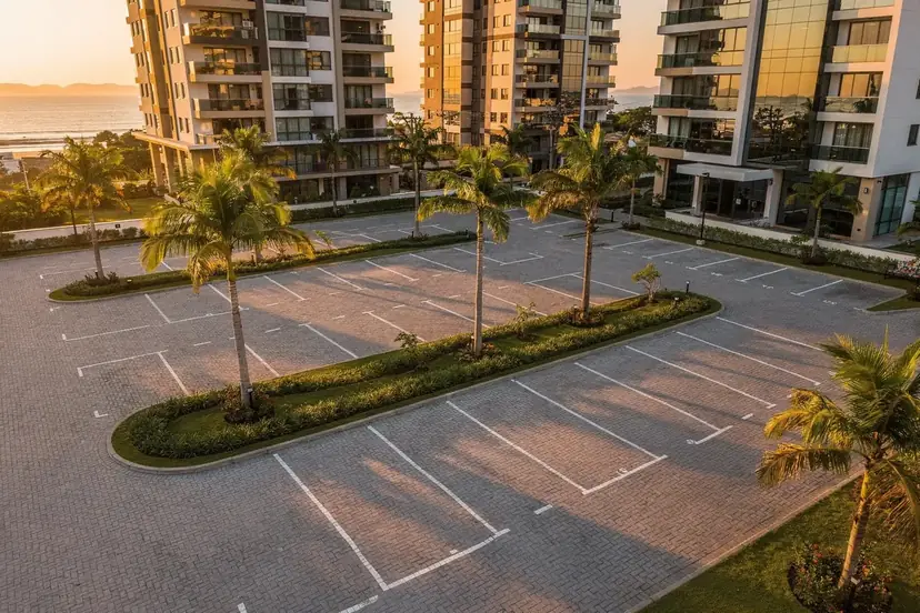Estacionamento de condomínio pavimentado com paver e vagas demarcadas