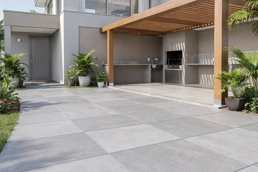 Área externa com piso novo de placas de concreto e espaço gourmet