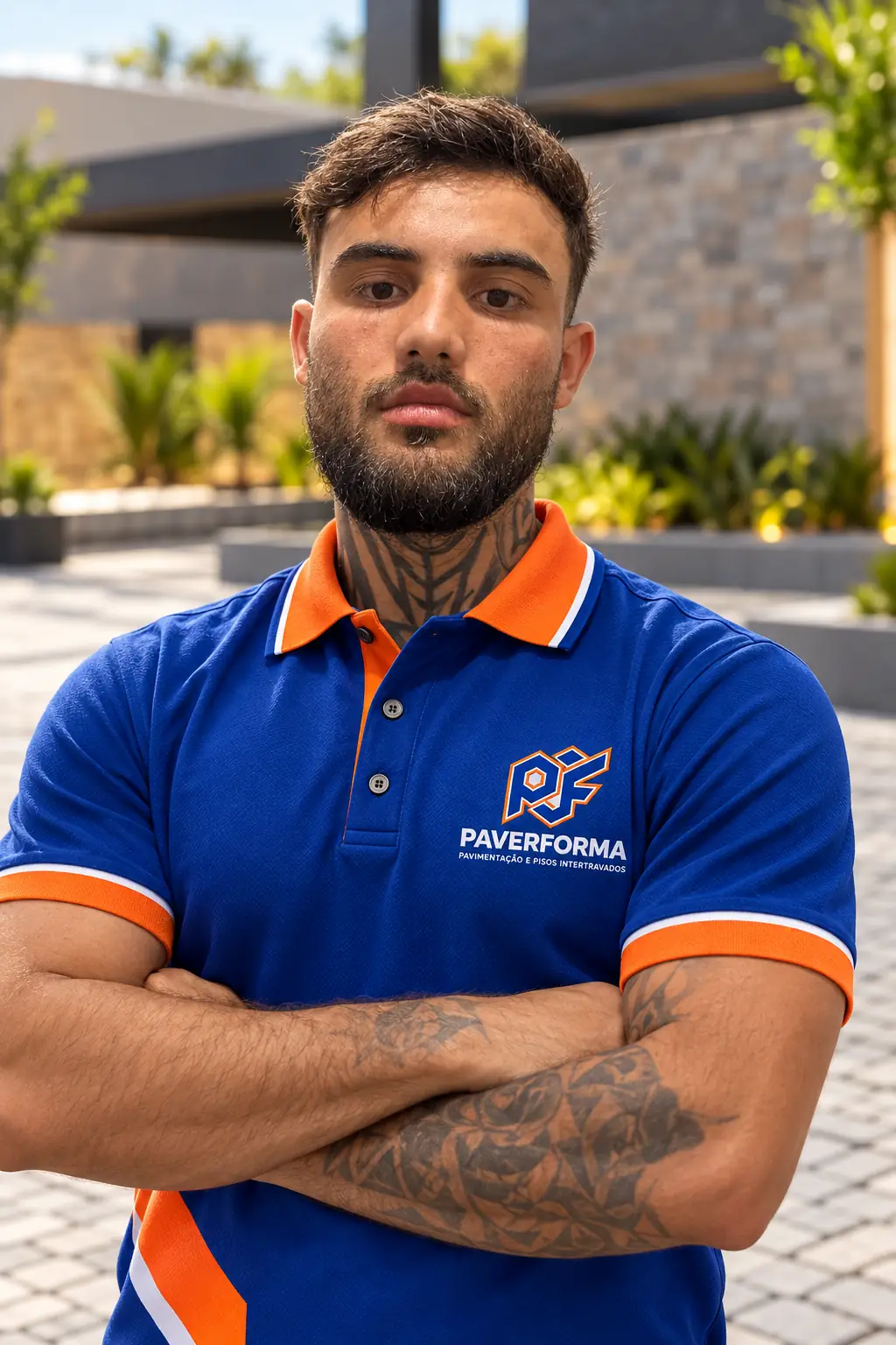 Vinícius, sócio da Paverforma, de uniforme em uma obra de paver